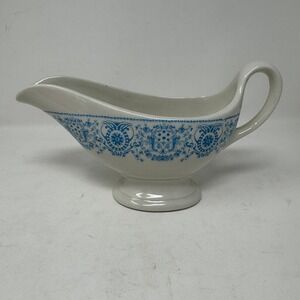 Vtg Shenango China Gravy Boat Blue Filigree Crest Restaurant Ware Ironstone MCM